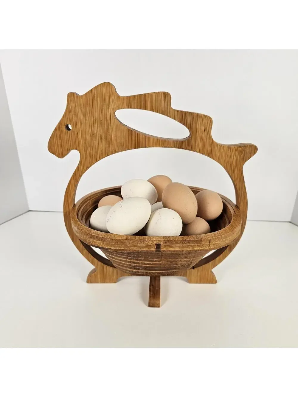 Folding Bamboo Fruit Basket Horse Shape 3D Pop-Up Bowl Cutting Board 10x11”